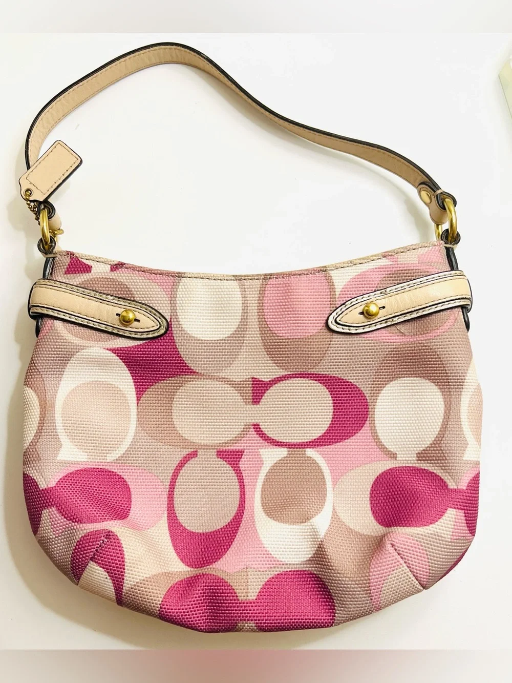 Coach Pink and Cream Signature Canvas Shoulder Bag